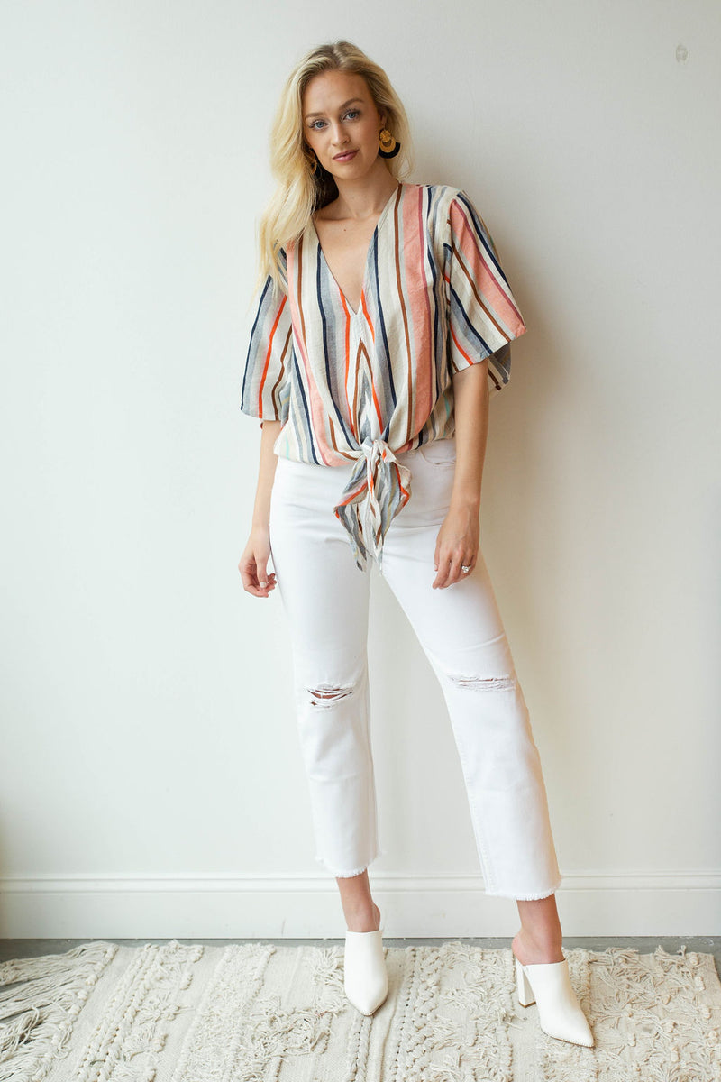 mode, yarn dye stripe tie front top