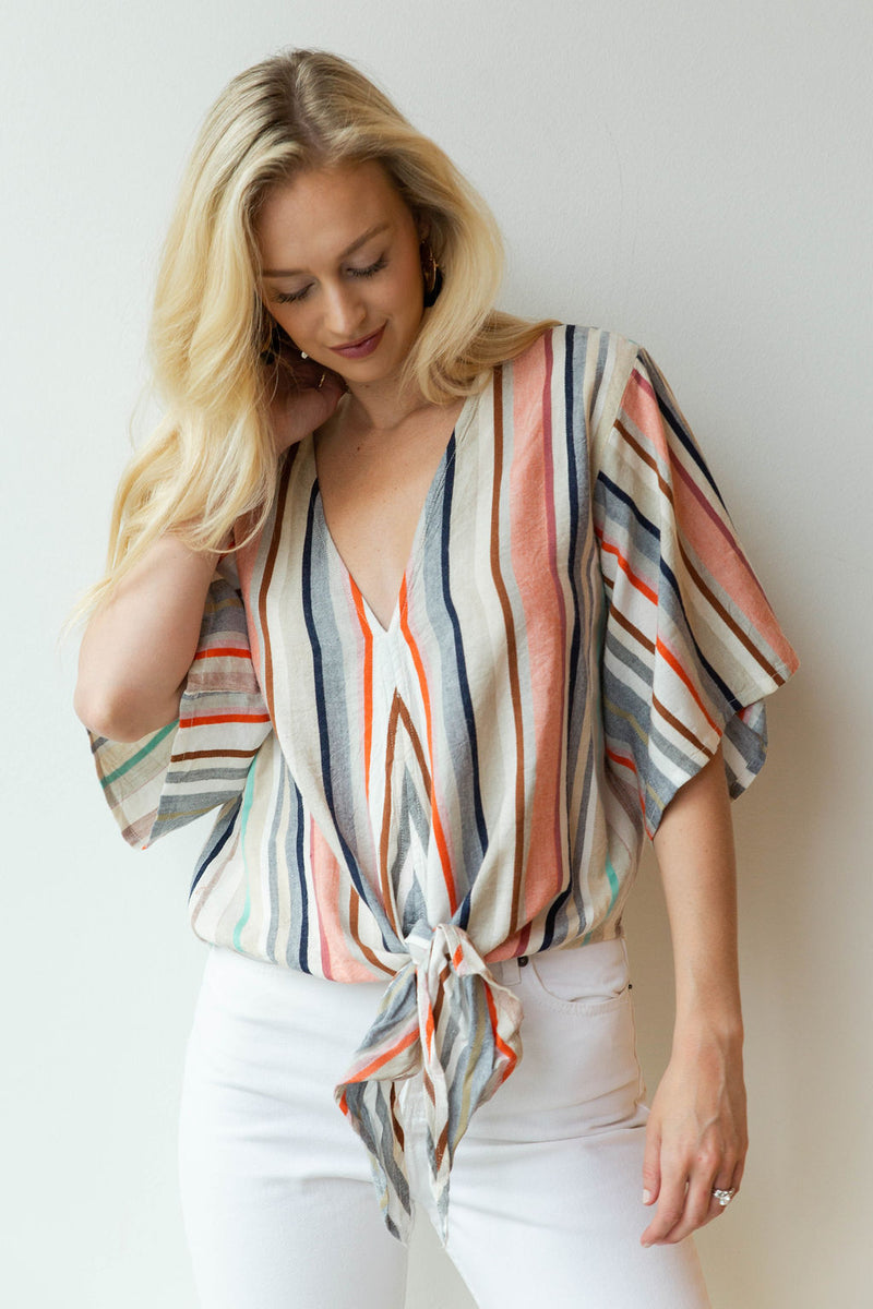 mode, yarn dye stripe tie front top