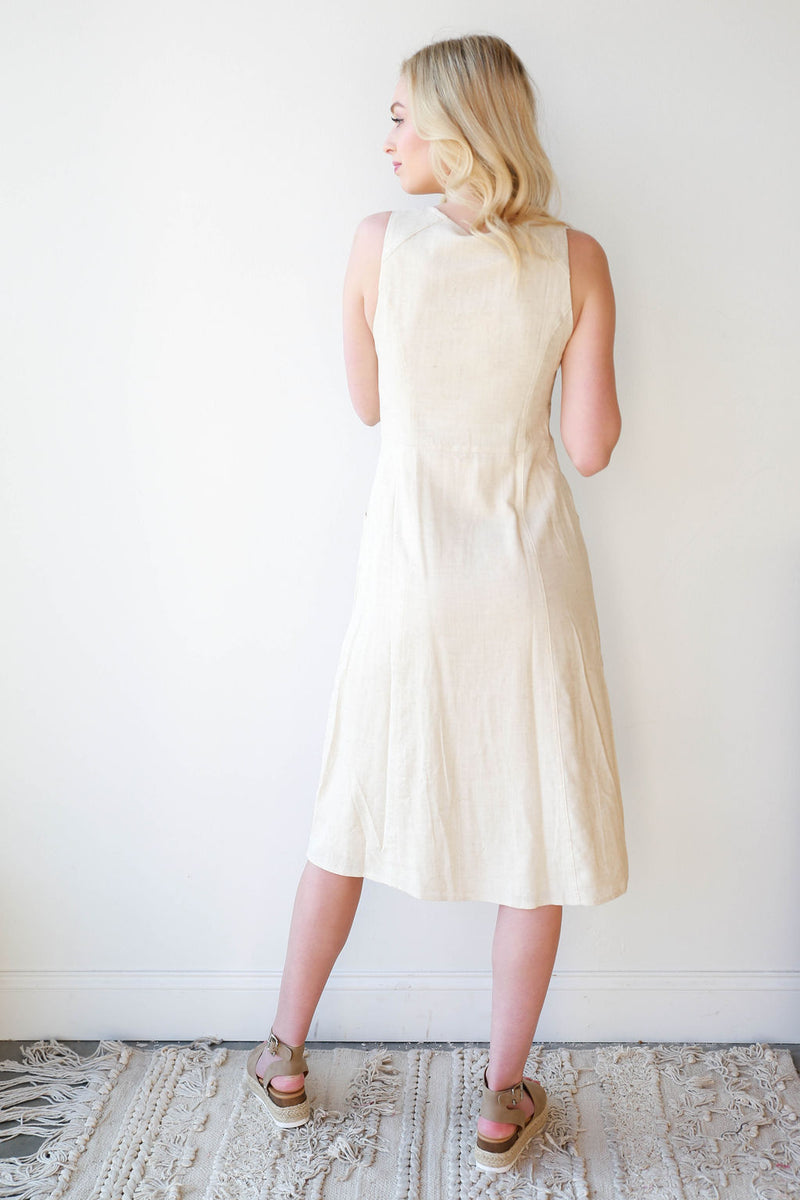 mode, linen safari midi dress