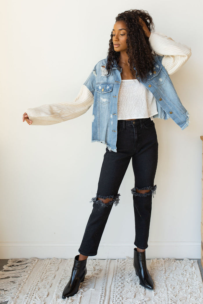 mode, too cool sweater sleeves denim jacket