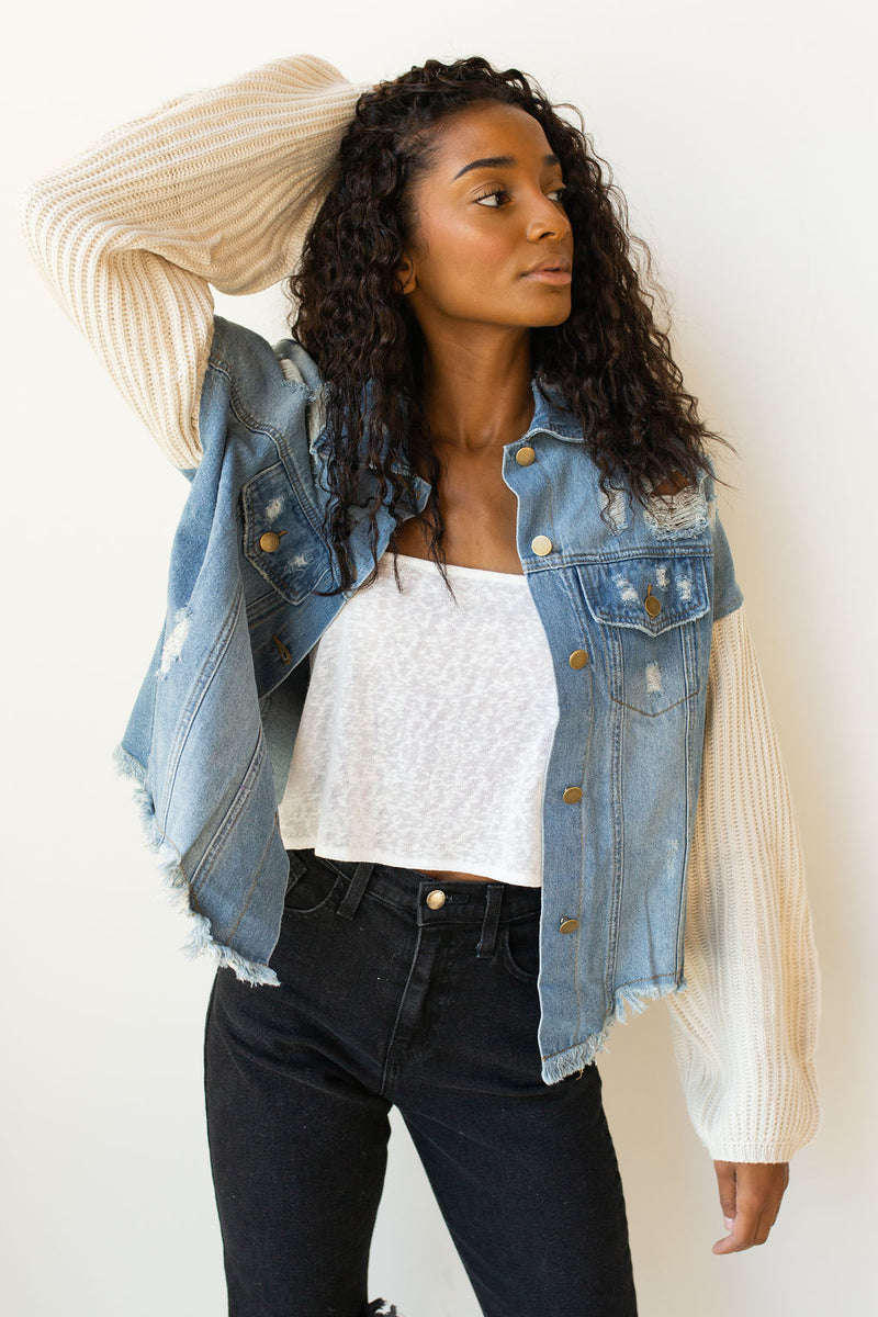 mode, too cool sweater sleeves denim jacket