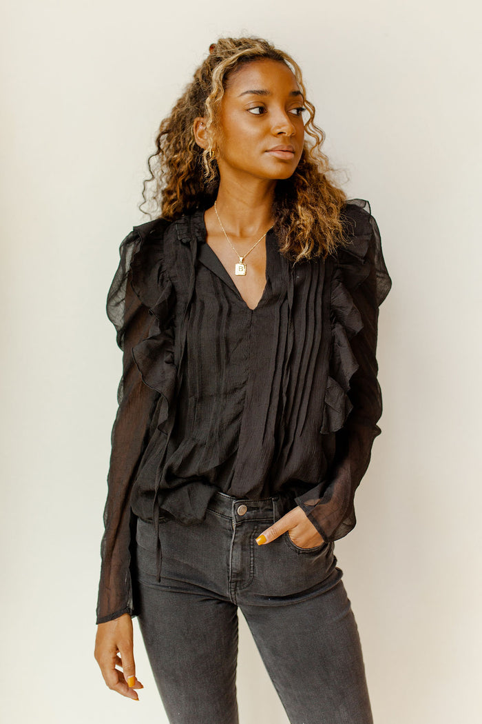 mode, ruffle + pleats detail sheer blouse