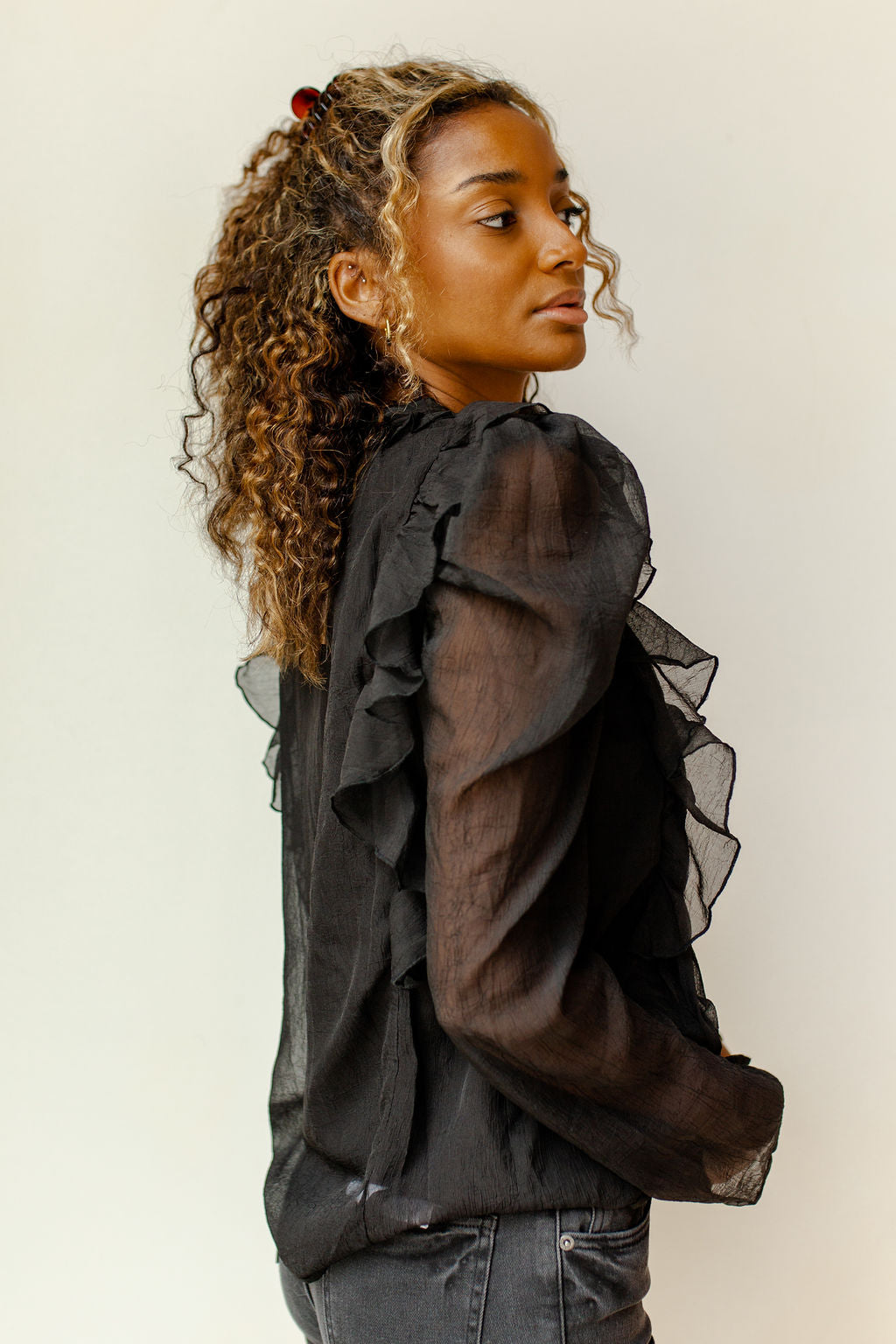 mode, ruffle + pleats detail sheer blouse