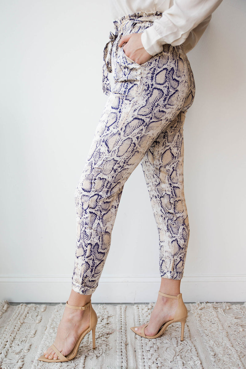 mode, snakeskin high waist trousers