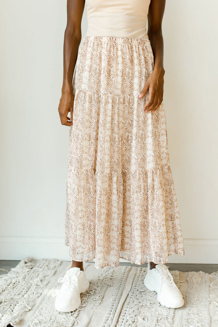mode, snake print tiered midi skirt