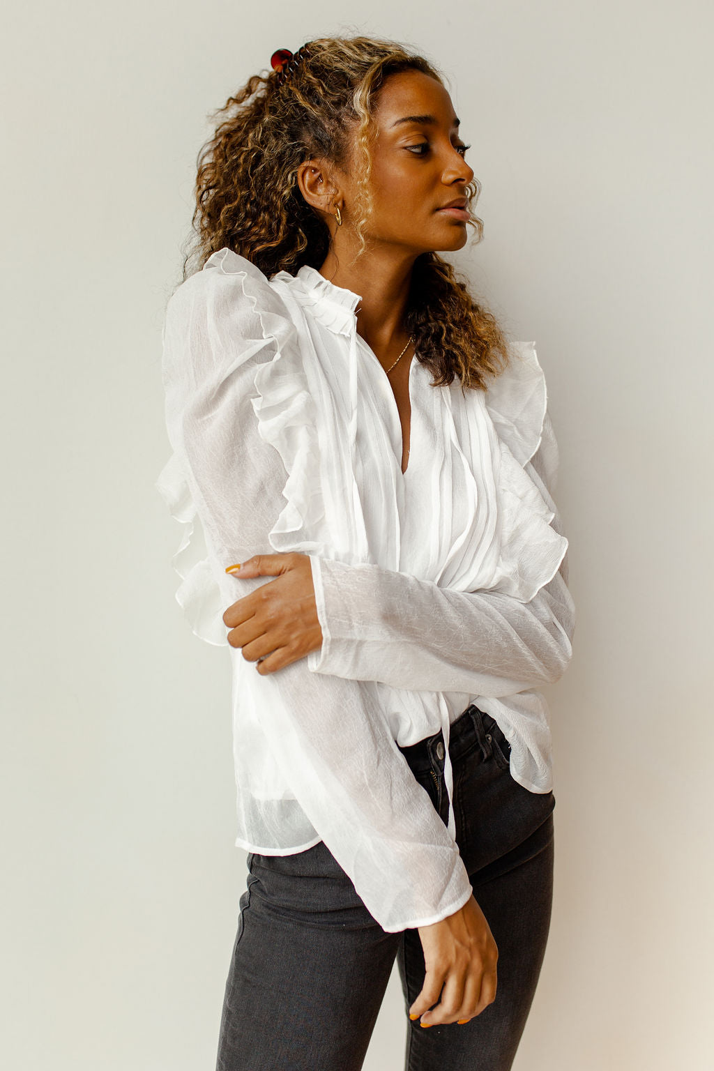 mode, ruffle + pleats detail sheer blouse