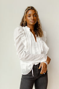 mode, ruffle + pleats detail sheer blouse