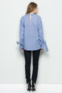mode, mid stripe tie sleeve blouse