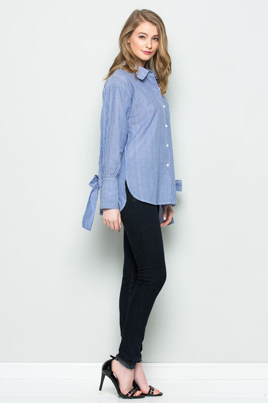 mode, mid stripe tie sleeve blouse