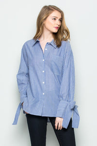 mode, mid stripe tie sleeve blouse