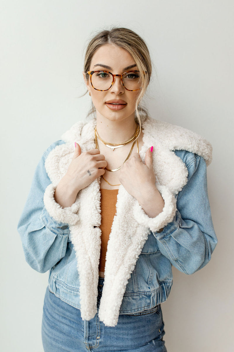 mode, perry hooded denim jacket