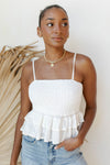 mode, sleeveless smocked top