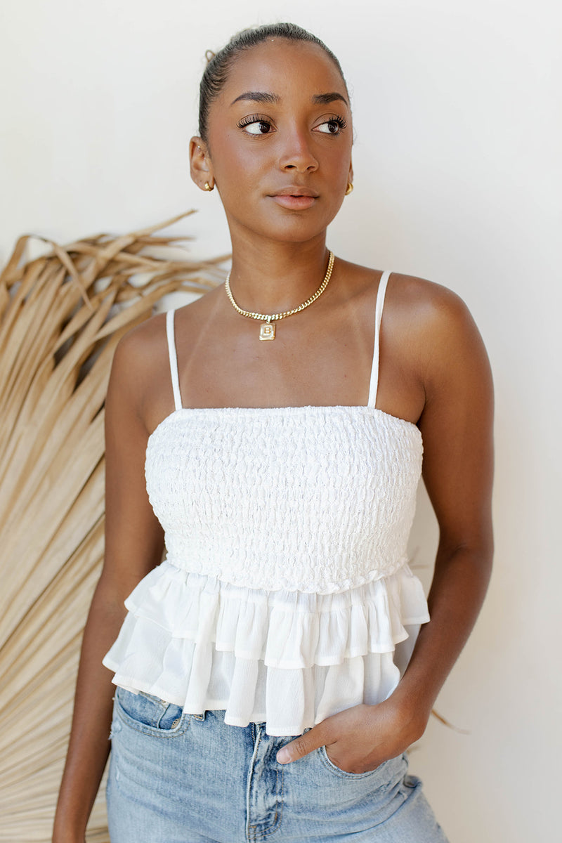 mode, sleeveless smocked top