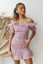mode, pink lemonade smocked off shoulder dress