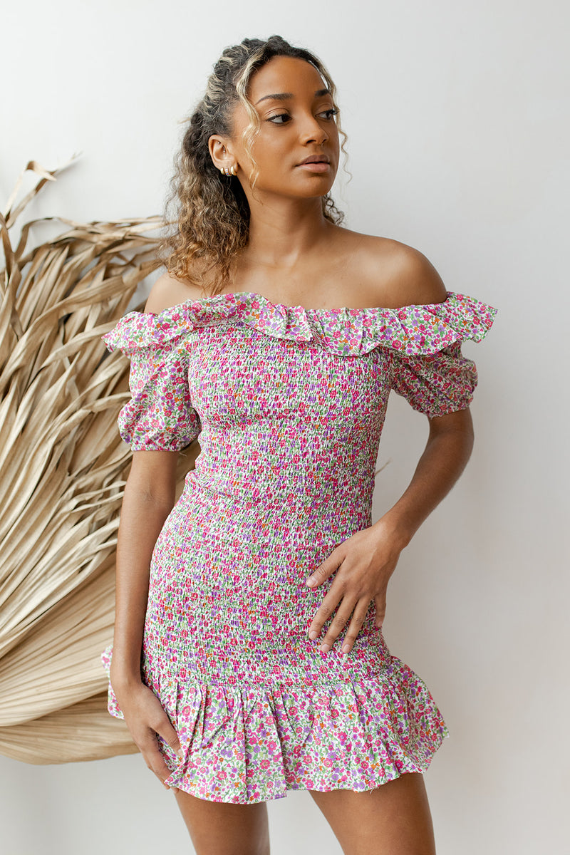 mode, pink lemonade smocked off shoulder dress
