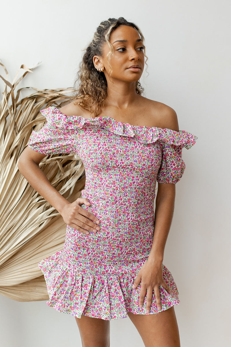 mode, pink lemonade smocked off shoulder dress