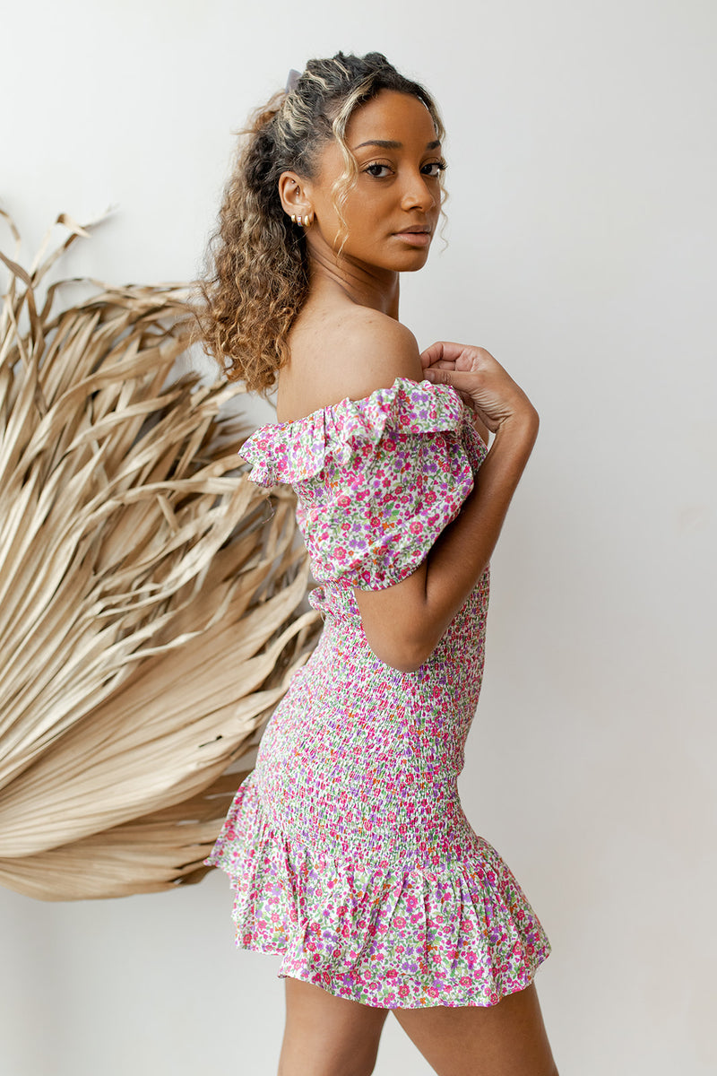 mode, pink lemonade smocked off shoulder dress