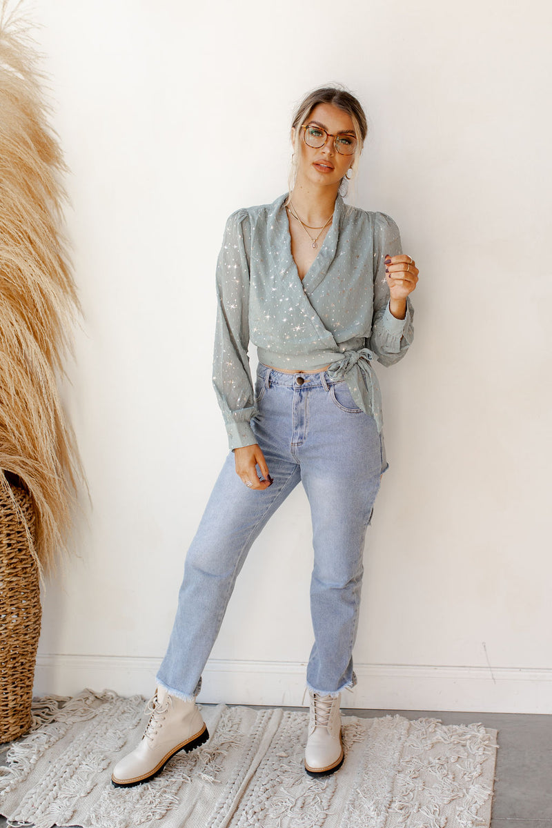 mode, friday night wrap blouse