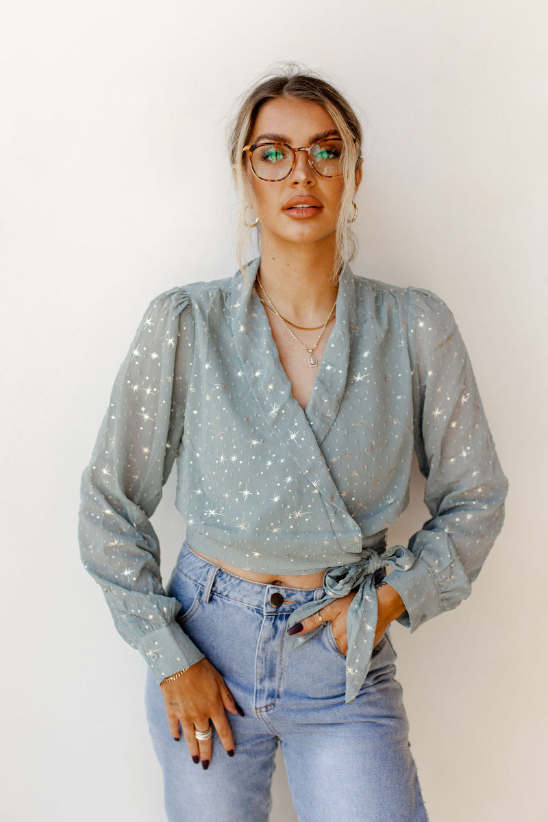 mode, friday night wrap blouse
