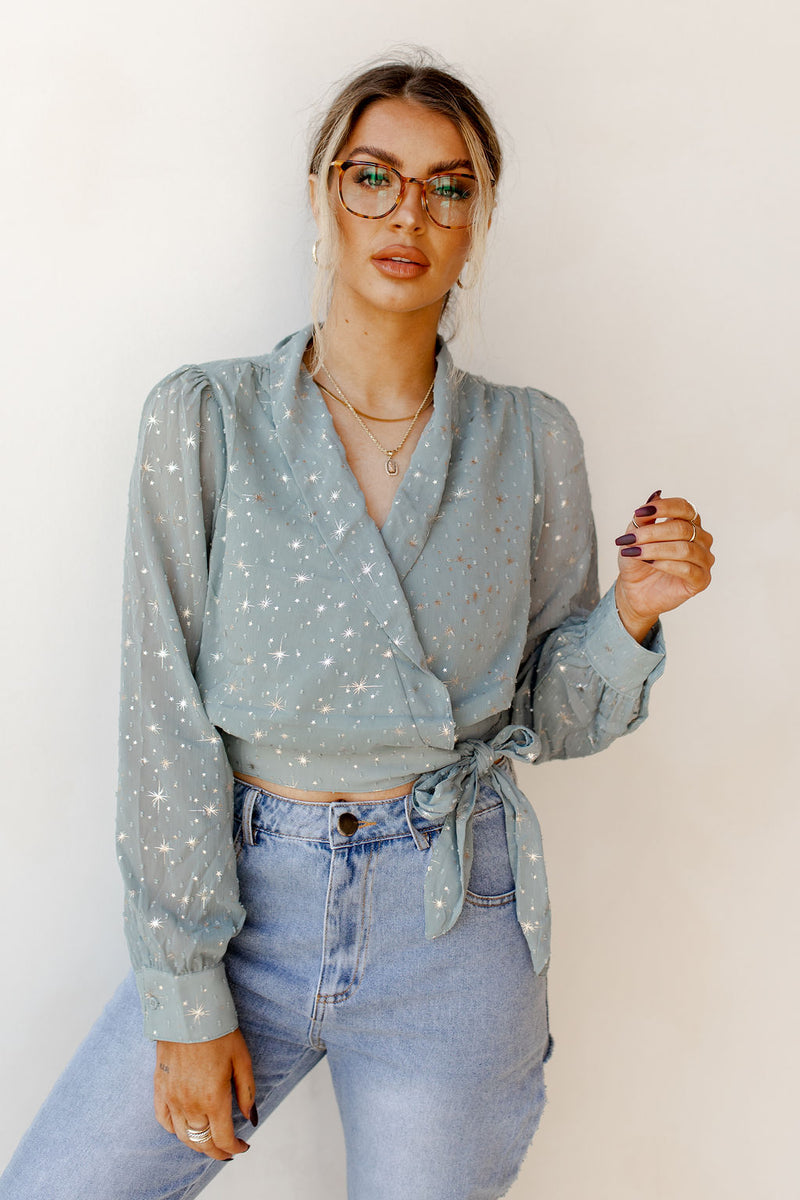 mode, friday night wrap blouse