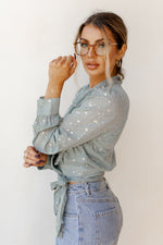 mode, friday night wrap blouse
