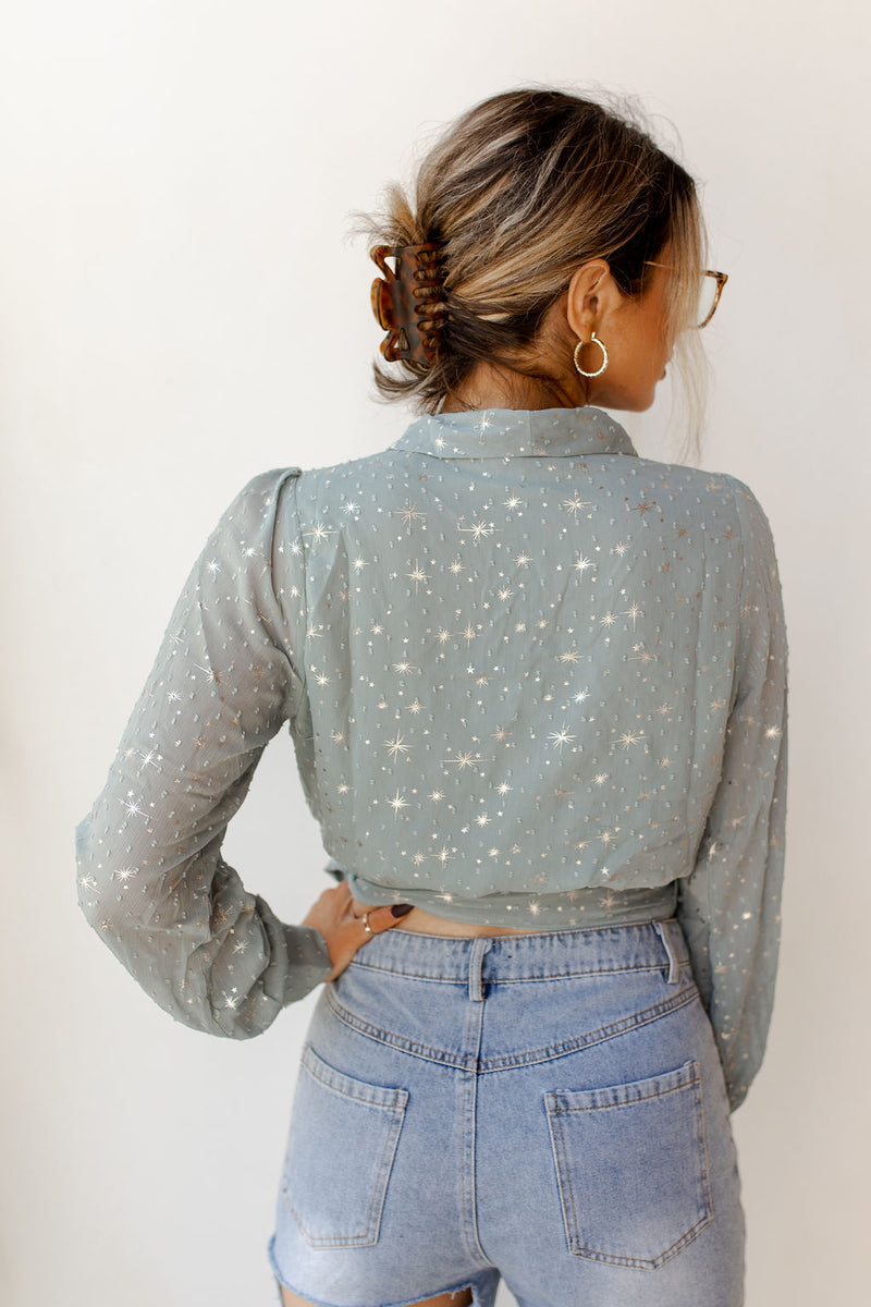mode, friday night wrap blouse