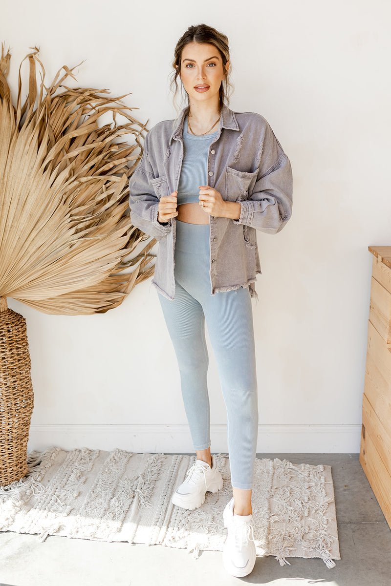 mode, delighted distressed shacket