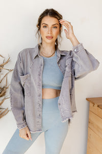mode, delighted distressed shacket