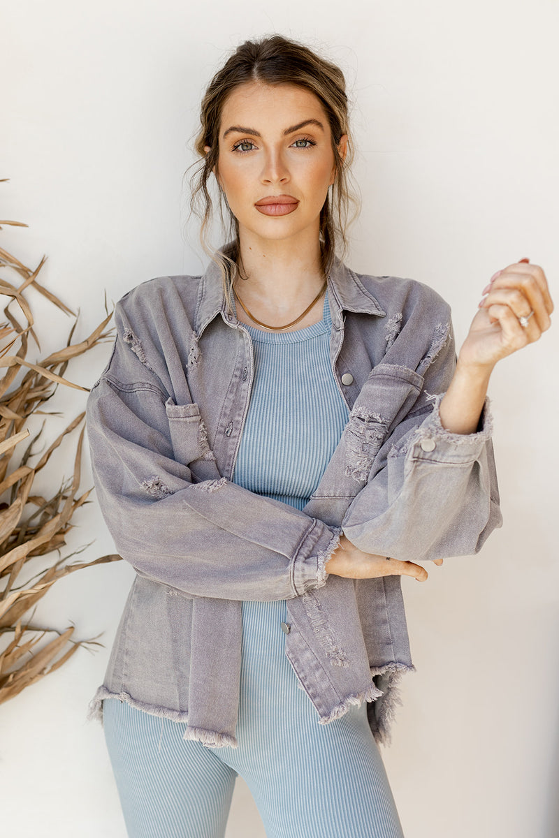 mode, delighted distressed shacket