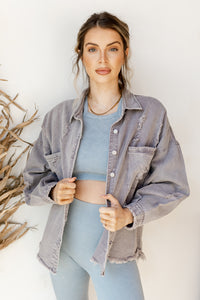 mode, delighted distressed shacket