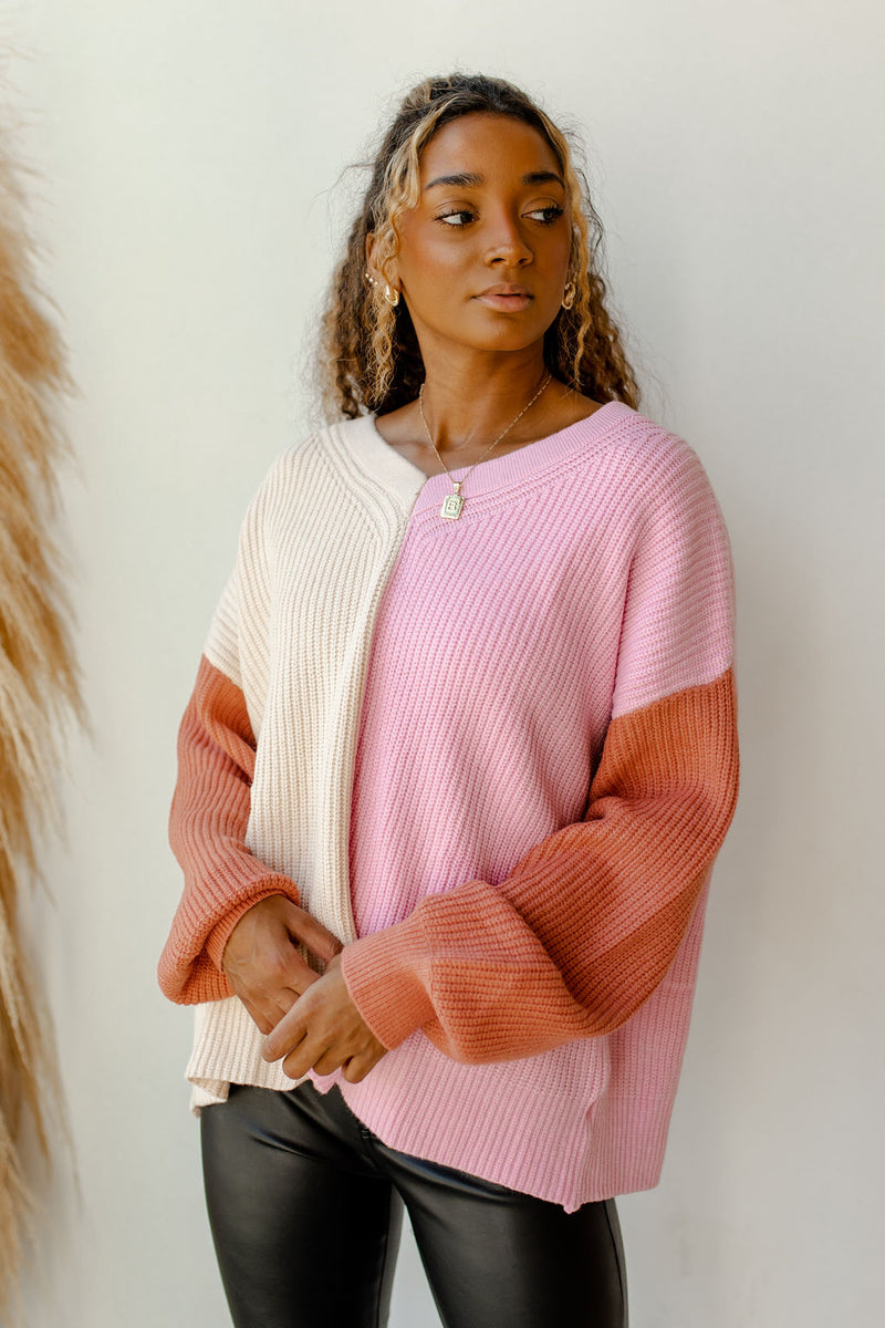 mode, pretty pinks colorblock sweater