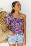mode, floral haze one shoulder top
