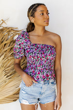 mode, floral haze one shoulder top