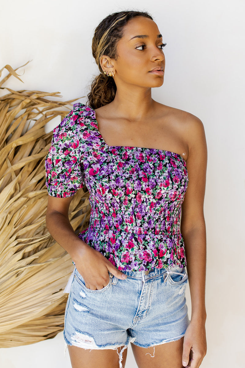 mode, floral haze one shoulder top