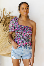 mode, floral haze one shoulder top