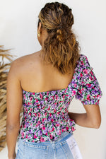 mode, floral haze one shoulder top