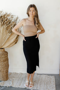 mode, rib knit side slit midi skirt