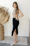 mode, rib knit side slit midi skirt