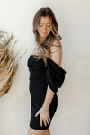 mode, draped open shoulder dress