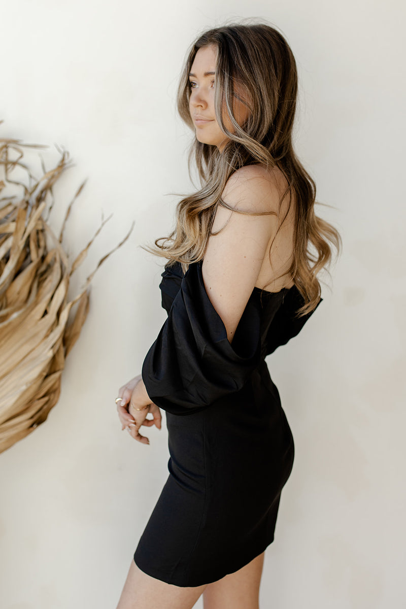 mode, draped open shoulder dress