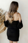 mode, draped open shoulder dress