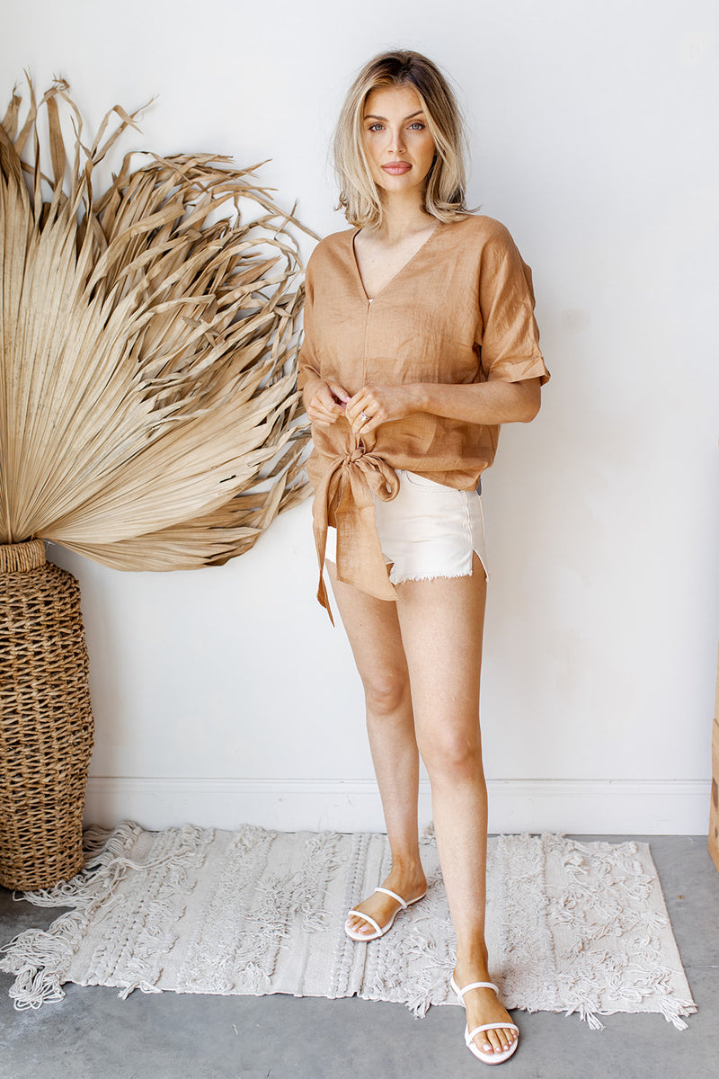 mode, tie front linen top
