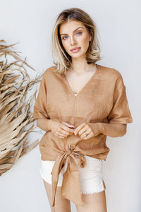 mode, tie front linen top