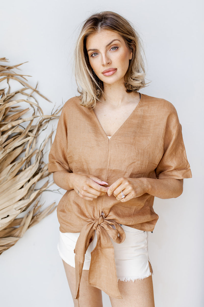 mode, tie front linen top