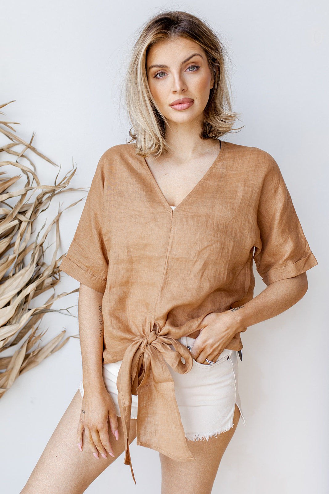 mode, tie front linen top