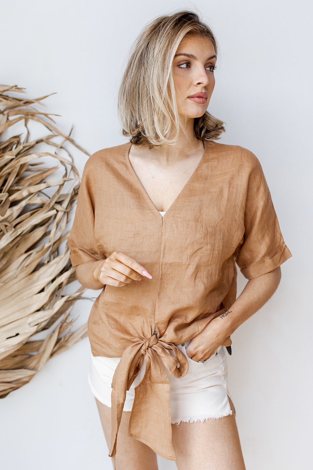 mode, tie front linen top