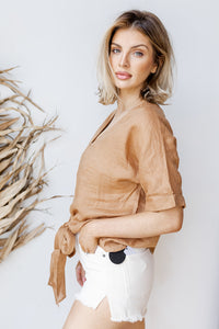 mode, tie front linen top