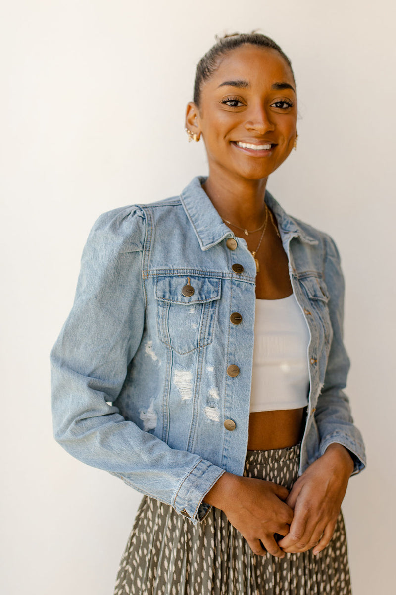 mode, puff sleeve denim jacket