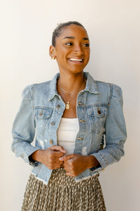 mode, puff sleeve denim jacket