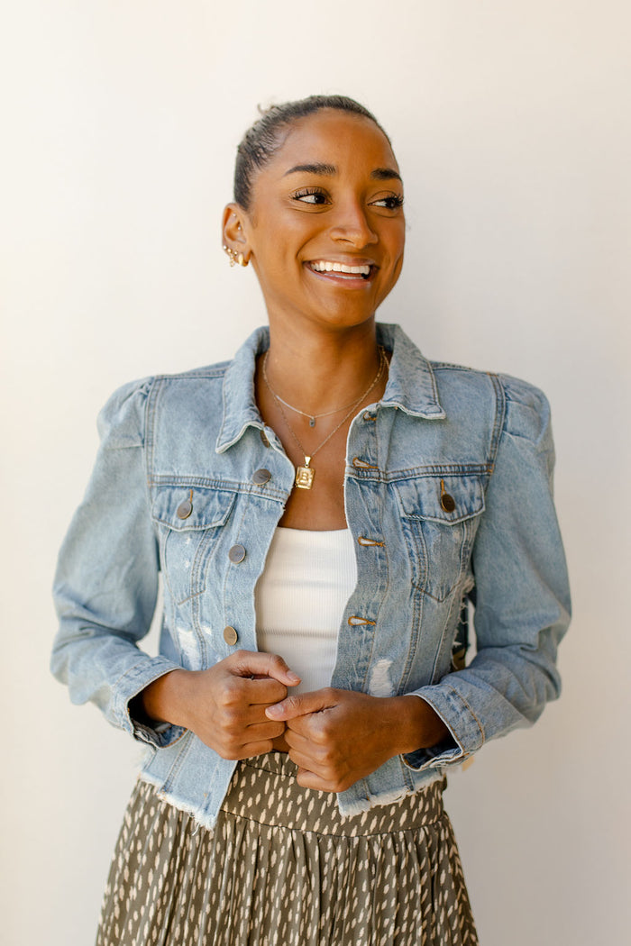 mode, puff sleeve denim jacket